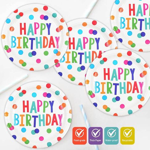 9inch Happy Birthday Plates and Napkins, 50PCS Colorful Dots Birthday Dinner Plates Disposable Paper Cake Dinnerware Set for Birthday's Party Supplies Decorations in Saudi Arabia