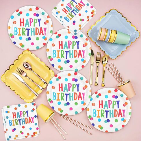 9inch Happy Birthday Plates and Napkins, 50PCS Colorful Dots Birthday Dinner Plates Disposable Paper Cake Dinnerware Set for Birthday's Party Supplies Decorations in Saudi Arabia