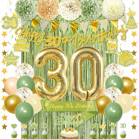 ديكورات عيد ميلاد الثلاثين بالنسبة لها ، Sage Green 30th Decorts مع Banner Balloons Sash Fringe Startains Dovirls لزينة الحفلات البالغة من العمر 30 عامًا in Kuwait