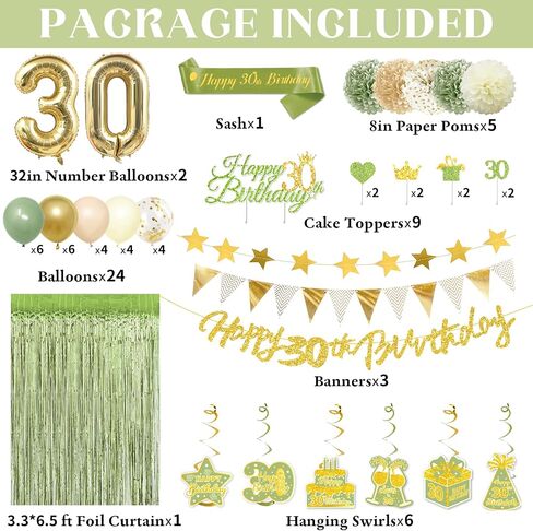ديكورات عيد ميلاد الثلاثين بالنسبة لها ، Sage Green 30th Decorts مع Banner Balloons Sash Fringe Startains Dovirls لزينة الحفلات البالغة من العمر 30 عامًا in Kuwait