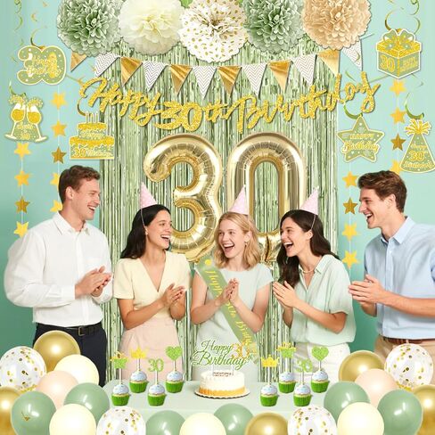 ديكورات عيد ميلاد الثلاثين بالنسبة لها ، Sage Green 30th Decorts مع Banner Balloons Sash Fringe Startains Dovirls لزينة الحفلات البالغة من العمر 30 عامًا in Kuwait