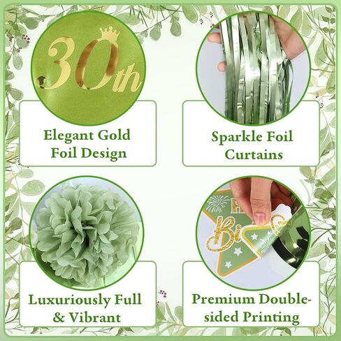 ديكورات عيد ميلاد الثلاثين بالنسبة لها ، Sage Green 30th Decorts مع Banner Balloons Sash Fringe Startains Dovirls لزينة الحفلات البالغة من العمر 30 عامًا in Kuwait