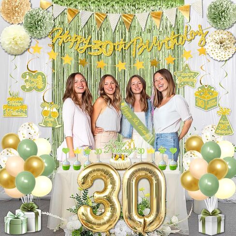 ديكورات عيد ميلاد الثلاثين بالنسبة لها ، Sage Green 30th Decorts مع Banner Balloons Sash Fringe Startains Dovirls لزينة الحفلات البالغة من العمر 30 عامًا in Kuwait