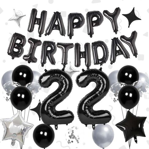 32 Inch 22 Balloon Number, Happy Birthday Balloons Banner 16 Inch Foil Letters Balloon Silver and Black Star Balloons for 22nd Birthday Decorations for Boys Black Party Decorations in Kuwait