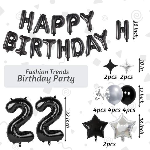32 Inch 22 Balloon Number, Happy Birthday Balloons Banner 16 Inch Foil Letters Balloon Silver and Black Star Balloons for 22nd Birthday Decorations for Boys Black Party Decorations in Kuwait