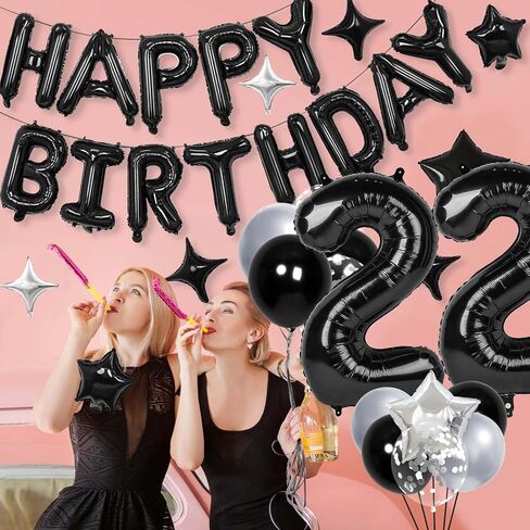32 Inch 22 Balloon Number, Happy Birthday Balloons Banner 16 Inch Foil Letters Balloon Silver and Black Star Balloons for 22nd Birthday Decorations for Boys Black Party Decorations in Kuwait