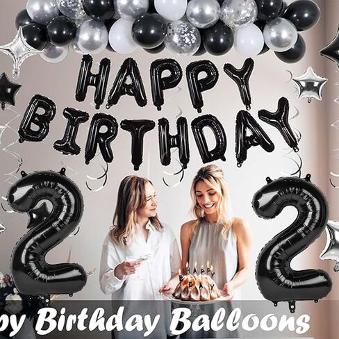 32 Inch 22 Balloon Number, Happy Birthday Balloons Banner 16 Inch Foil Letters Balloon Silver and Black Star Balloons for 22nd Birthday Decorations for Boys Black Party Decorations in Kuwait