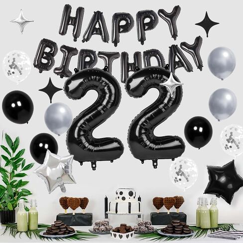 32 Inch 22 Balloon Number, Happy Birthday Balloons Banner 16 Inch Foil Letters Balloon Silver and Black Star Balloons for 22nd Birthday Decorations for Boys Black Party Decorations in Kuwait