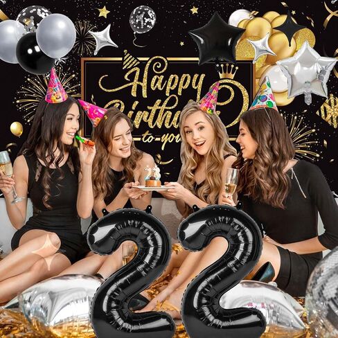 32 Inch 22 Balloon Number, Happy Birthday Balloons Banner 16 Inch Foil Letters Balloon Silver and Black Star Balloons for 22nd Birthday Decorations for Boys Black Party Decorations in Kuwait