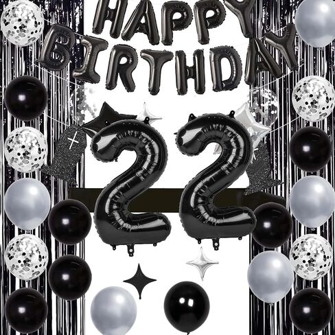 32 Inch 22 Balloon Number, Happy Birthday Balloons Banner 16 Inch Foil Letters Balloon Silver and Black Star Balloons for 22nd Birthday Decorations for Boys Black Party Decorations in Kuwait