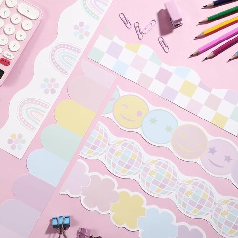 Fuutreo 96 Pcs Bulletin Board Borders 94. 5 ft Colorful Boho Classroom Border Trims Stickers Scalloped Die-Cut Rolled Bulletin Border Decor for School Classroom Chalkboard Office(Pastel Style) in Saudi Arabia