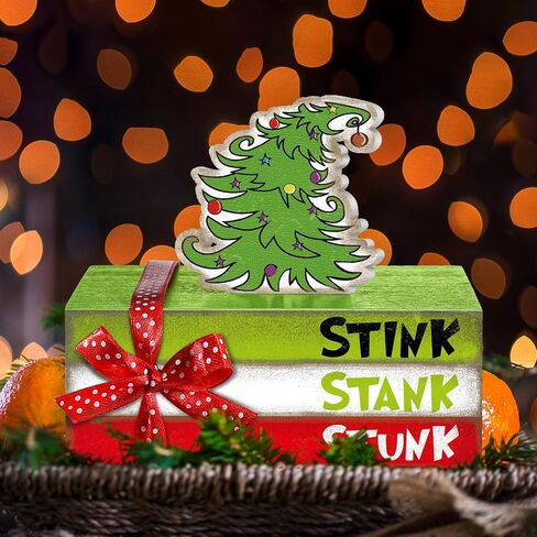 Yousoontic 4 Pcs Christmas Decorations Lime Green Red Christmas Tree Tiered Tray Decor Christmas Table Decor Wooden Decorative Mini Books Stack with Bow Rustic Farmhouse Xmas Decor for Shelf Home in Saudi Arabia