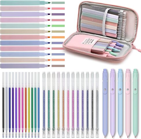 42 Pack Gel Pens for Coloring Books, 5 Gel Pens 0.5mm Black Ink, 12 Vibrant Sparkle Metallic Glitter Pens with 12 extra refills for enduring use, 12 Pastel Highlighters for Man Woman(Pink) in Saudi Arabia