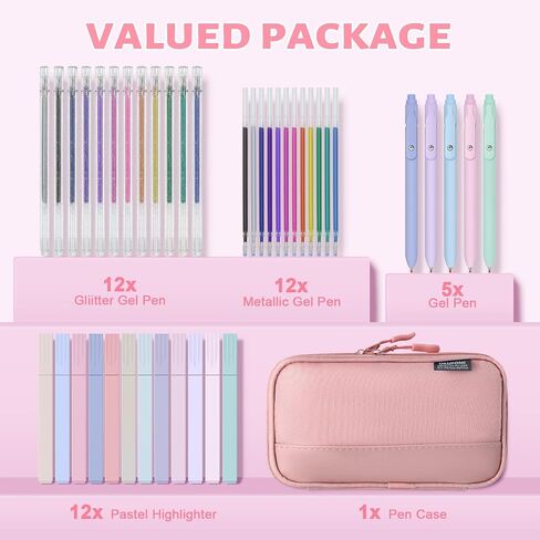 42 Pack Gel Pens for Coloring Books, 5 Gel Pens 0.5mm Black Ink, 12 Vibrant Sparkle Metallic Glitter Pens with 12 extra refills for enduring use, 12 Pastel Highlighters for Man Woman(Pink) in Saudi Arabia
