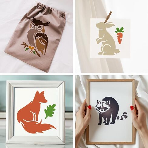 Mayjoydiy 9pcs غابة الحيوانات الستنسل 6x6inch الغزلان الدب البومة الذئب قالب القنفذ القدرس الراكون الثعلب الثعلب الاستنسل أرنب مع فرشاة الطلاء لنافذة الجدار الخشبي DIY in Saudi Arabia