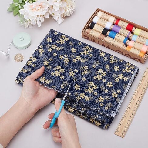 Mayjoydiy 1 ياردة 59 بوصة من القطن الأزرق من القطن الياباني ساكورا لحزم اللحف الذهب أزهار الكرز والأمواج طباعة لخياطة حقيبة ملابس المائدة أريكة وسادة DIY in Saudi Arabia