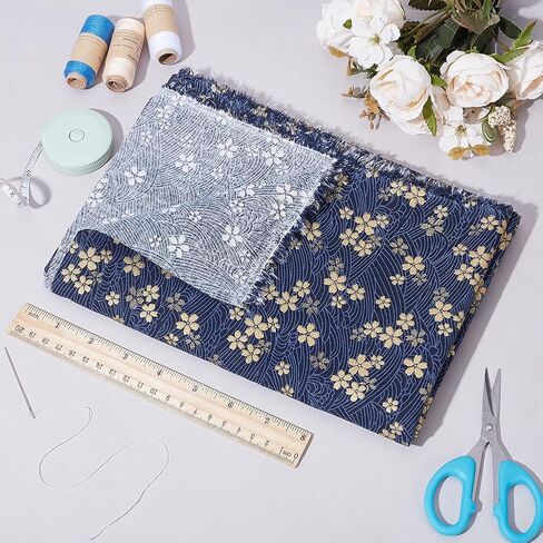 Mayjoydiy 1 ياردة 59 بوصة من القطن الأزرق من القطن الياباني ساكورا لحزم اللحف الذهب أزهار الكرز والأمواج طباعة لخياطة حقيبة ملابس المائدة أريكة وسادة DIY in Saudi Arabia