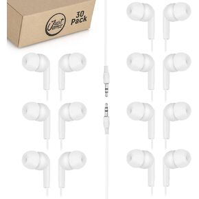 Earbuds 30 Pack | Bulk Basic Earbuds, Pearl White in-Ear Earbuds, Disposable Earphones, Affordable Headphones, 3.5 MM Audio Jack Earbuds for Schools, Kids, Classrooms & Libraries