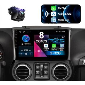 Car Stereo for Jeep Wrangler 2007-2018 JK Compass Grand Cherokee Dodge Ram Patriot 8 Core with Wireless CarPlay Android Auto, 10.1 inch 1280X720 IPS Car Radio with Backup Camera, AM/FM/RDS, DSP, SWC