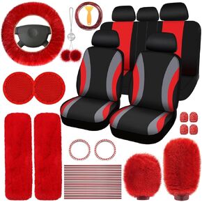 43 Pcs Car Seat Cover Full Set Fuzzy Car Accessories for Women, Car Front Rear Cover Fluffy Steering Wheel Cover Car Belt Handbrake Shift Cover Car Air Conditioner Strip (Wine Red, Gray, Black)