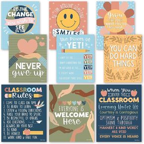 Hadley Designs Motivational Posters for Classroom - 9 Growth Mindset Wall Art for Teachers, Durable Classroom Decorations for Elementary & Middle School, Teacher Supplies, Retro Theme