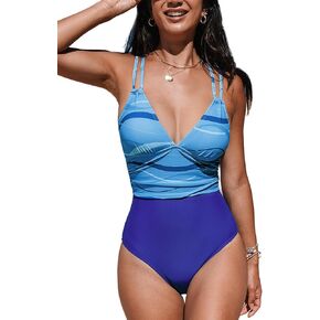 CUPSHE Women's One Piece Swimsuit Bathing Suit V Neck Double Straps Back Cutout Color Block Swimwear