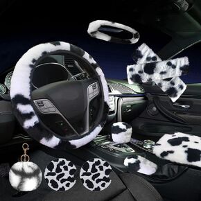10 Pack Cow Print Car Accessories for Women Girls, Fluffy Plush Cow Steering Wheel Cover Universal 15 inch Cute Car Accessories for Car Interior Cow Decor