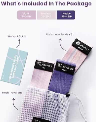 مجموعة أربطة مقاومة من القماش من LIONSCOOL مكونة من 3 - أربطة تمرين أنيقة ومتينة مع تصميم مانع للانزلاق - ثلاثة مستويات مقاومة لجميع مستويات اللياقة البدنية - محمولة وفعالة لتنغيم الجسم ونحته in Kuwait