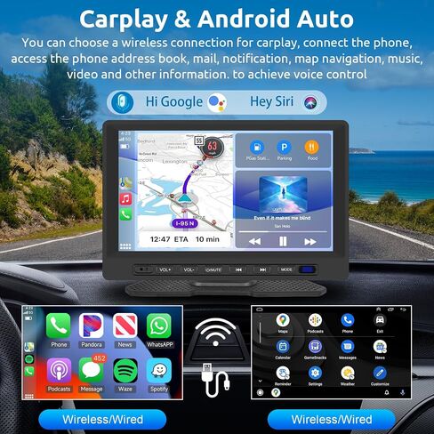 Podofo Wireless Apple Carplay Car Stereo، شاشة تشغيل سيارة محمولة 7 بوصة مع Android Auto، 12 كاميرا احتياطية عالية الدقة LED، بلوتوث، وصلة مرآة، راديو FM/AUX/SWC/TF، مناسب لجميع المركبات in Saudi Arabia
