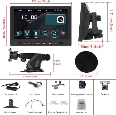 Podofo Wireless Apple Carplay Car Stereo، شاشة تشغيل سيارة محمولة 7 بوصة مع Android Auto، 12 كاميرا احتياطية عالية الدقة LED، بلوتوث، وصلة مرآة، راديو FM/AUX/SWC/TF، مناسب لجميع المركبات in Saudi Arabia