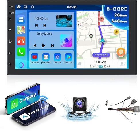 8 Core+2G+64G Android Car Stereo with Wireless Apple CarPlay Android Auto, Double Din Car Radio in-Dash 7 Inch IPS Touchscreen, WiFi, GPS Navi, Bluetooth,FM/RDS, SWC, USB, 32EQ DSP, Backup Camera in Saudi Arabia