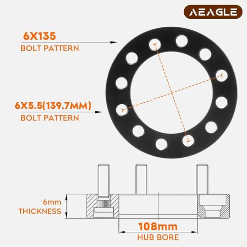 AEagle 6mm Wheel Spacers 6x5.5/6x135 Hub Bore 108mm 6 Lug for Chevy Silverado Suburban Yukon Ram 1500, Forged Aluminum 6x139.7mm Wheel Adapters 4PCS in Saudi Arabia