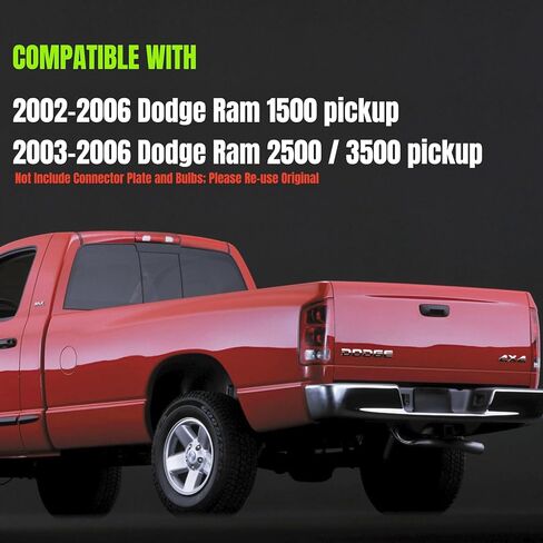 Tail Light Assembly Compatible With 2002 2003 2004 2005 2006 Dodge Ram 1500 Pickup; 2003 2004 2005 2006 Dodge Ram 2500/3500 Pickup Rear Brake Lamp Replacement Without Bulbs (Smoke-Red) in Kuwait