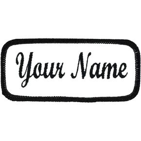 Name Patch Uniform Work Shirt Personalized Embroidered White with Black Border. Sew on.