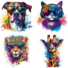 arricraft 4 Sheets Plastic Iron-On Transfer Logo Stickers, Colorful Sunglasses Animal Pattern Heat Transfer Film Sticker Set for DIY Hat Jacket T-Shirt Curtain Decoration Accessories