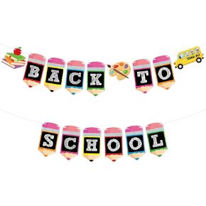 2 PCS Welcome Back to School Pencil Banner Decorations, 9.8Ft No DIY First Day of School Sign Garland for Classroom Party Decor Teacher Supplies
