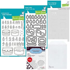 Lawn Fawn Cake It Easy 4"x6" Clear Stamp Set, Coordinating Dies and Coloring Stencil Scrapbook Adhesives Foam Squares, Carnora Storage Pocket, 5 Item Bundle