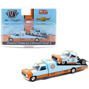 1:64 Diecast Model Car Compatible with 1973 Chevrolet C30 Wedge Truck & 1978 Chevrolet Silverado 10 Bedless Gulf Livery Blue Limited Edition M2 Machines Auto-Haulers 39200-MJS07