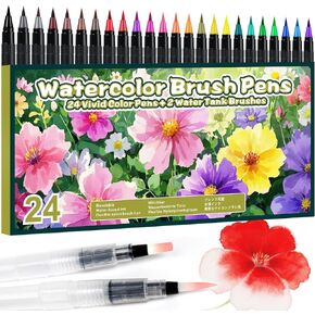 ThEast 24 Watercolor Brush Pens with 2 Refillable Blending Brushes - Flexible Real Nylon Brush Tip Watercolor Markers for Coloring & Journaling & Calligraphy, Art Supplies