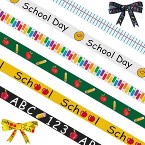 6 PCS Back to School Ribbon for Crafting，3/8" School Theme Ribbon for Wrapping Gift，Pencil Apples Book Crayon Craft Ribbons for Kindergarten Decorations Sewing DIY Crafts Supplies