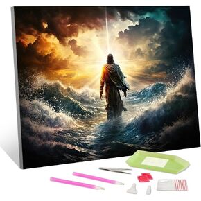 TISHIRON Diamond Painting Kits Jesus Diamond Painting Art for Adults Figure of Jesus Walks on Water on Beautiful Sunset Diamond Art Christ Religion Diamond Art Kits, 12x16 Inches