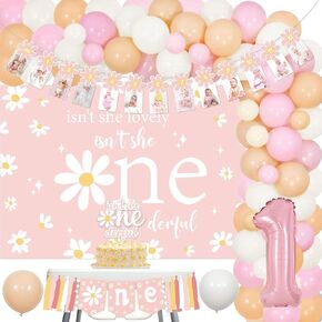 Daisy 1st Birthday Decorations Girl - Isn't She Lovely Isn't She Onederful Backdrop Cake Topper with Daisy Balloon Garland Arch Kit, Boho Hippie Baby Girl First Bday Supplies