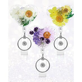 3 Pcs Cute Flower Badge Reels Retractable for Nurse, Dried Floral Resin Badge Holder with Key Ring, Decorative Nursing Badge Clip for Women Doctor Teacher ID Card(Classic)