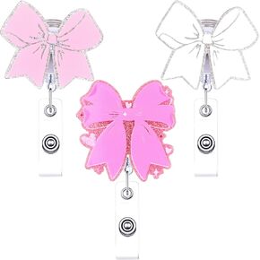 Geyoga 3 Pcs Pink Bow Badge Reel Cute Retractable ID Card Badge Holder Pink White Bow Stethoscope Alligator Clip Accessories for RN LPN CNA Nursing Student Medical Worker Coquette Party Supplies Gift