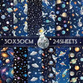24 Sheets Outer Space Scrapbook Paper 11.8'' x 11.8'' Astronaut Rocket Ship Pattern Pad Outer Space Double-Sided Cardstock Designer Paper for Scrapbooking Background Card Making Origami DIY