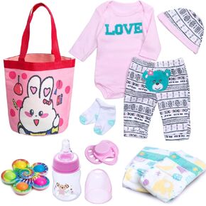 Reborn Baby Dolls Clothes Girl Outfit, Baby Doll Accessories 10 Pcs Set with Cute Rabbit Diaper Bag for 17-22 Inch Reborn Doll Newborn Girl