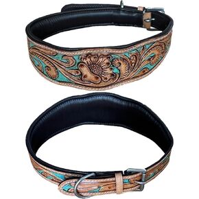 Majestic Ally Hand Tooled Leather Dog Collar, Floral Design, Colored Inlay, Antique Natural Finish (Turquoise, Large)