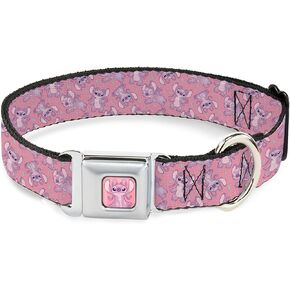 Disney Pet Collar, Dog Collar Metal Seatbelt Buckle, Lilo and Stitch Angel Poses Scattered Pinks, 16 to 23 Inches 1.5 Inch Wide