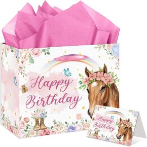 Horse Themed Birthday Gift Bag Set for Girls - Large Pink Horse Gift Bag with Birthday Card & Tissue Paper - Perfect for Horse Lovers, Western Cowgirl, Farm & Country-Themed Bday Decorations