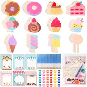 36SETS Ice Cream Party Favors Summer Art Donut Wooden Painting Kit 36 Ice Cream Unfinished Wood Cutouts 36 Cards 36 Paint with Brushes 36 OPP Bags for Birthday Party School Supplies